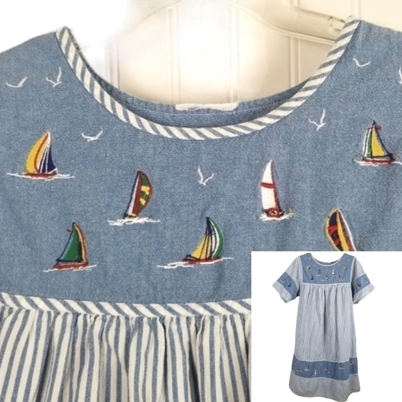Dresses & Skirts - Striped Sailboat Embroidered Short Sleeve Light Denim Dress Summer Nautical S/XS